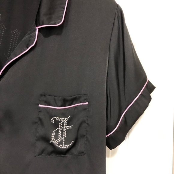 Juicy Couture Women's Satin Black and Pink Rhinestone Button Down Pajama Top XL - Picture 4 of 13